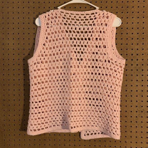 Vintage Handmade Knit Crochet Vest Open Front OS Pastel Cottagecore Granny Pink - Picture 3 of 5